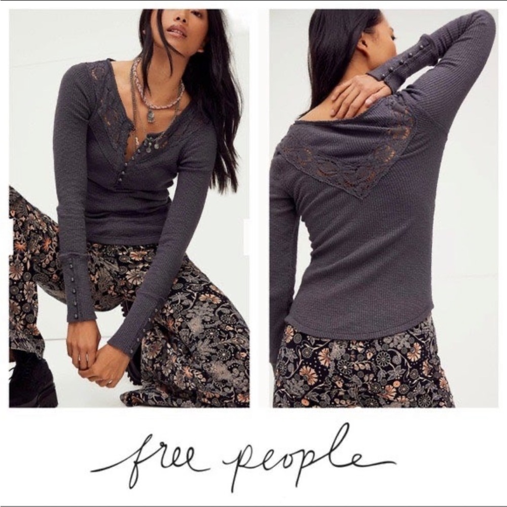 Free People Come On Over Henley Long Sleeve Top M Charcoal Shirt